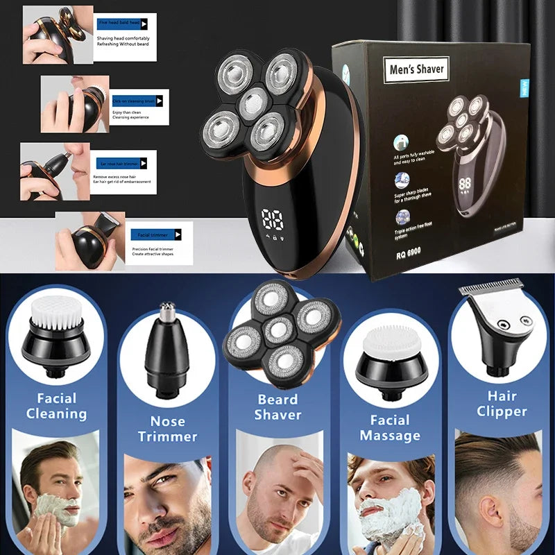 5 in 1 Electric Shaver for Men Bald Head Hair Clipper Nose Trimmer Floating 5 Blade Heads Shaving Beard Knife Rechargeable Razor